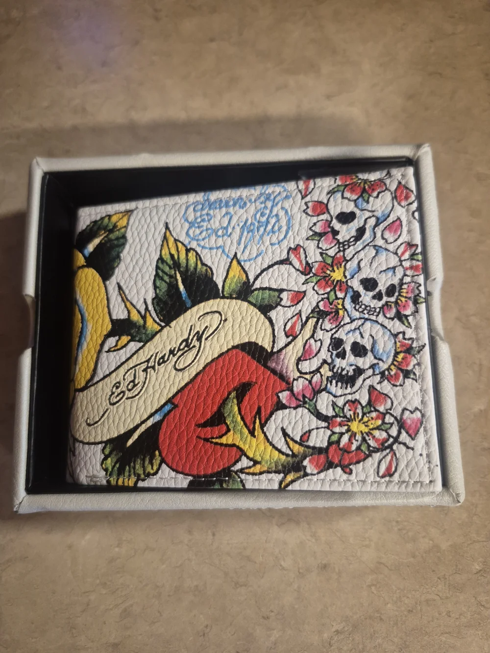Ed Hardy White Tattoo-Print Wallet with Red Heart Accent